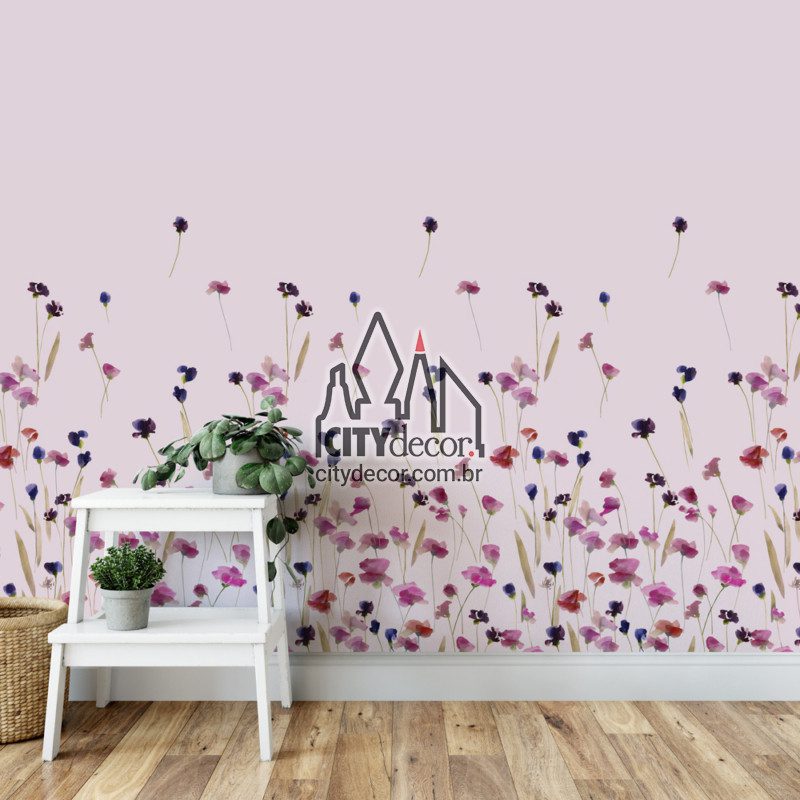 Adesivo papel de parede floral flores ao vento Papel de parede floral flores rosa e lilás