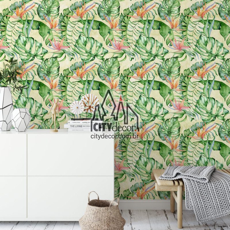 Adesivo papel de parede folhagem ave do paraíso Papel de parede folhagem tropical