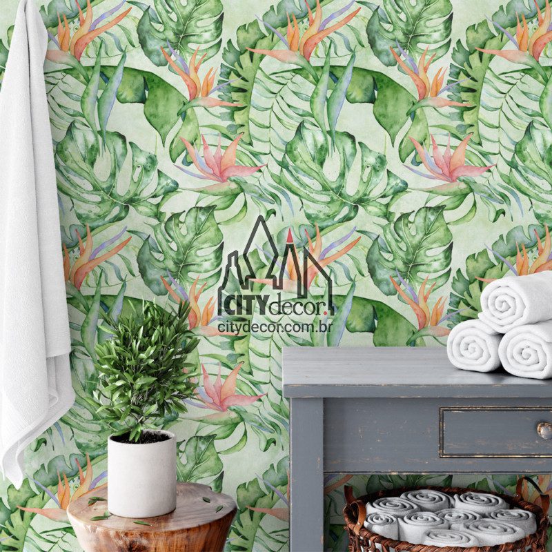 Adesivo papel de parede folhagem ave do paraíso