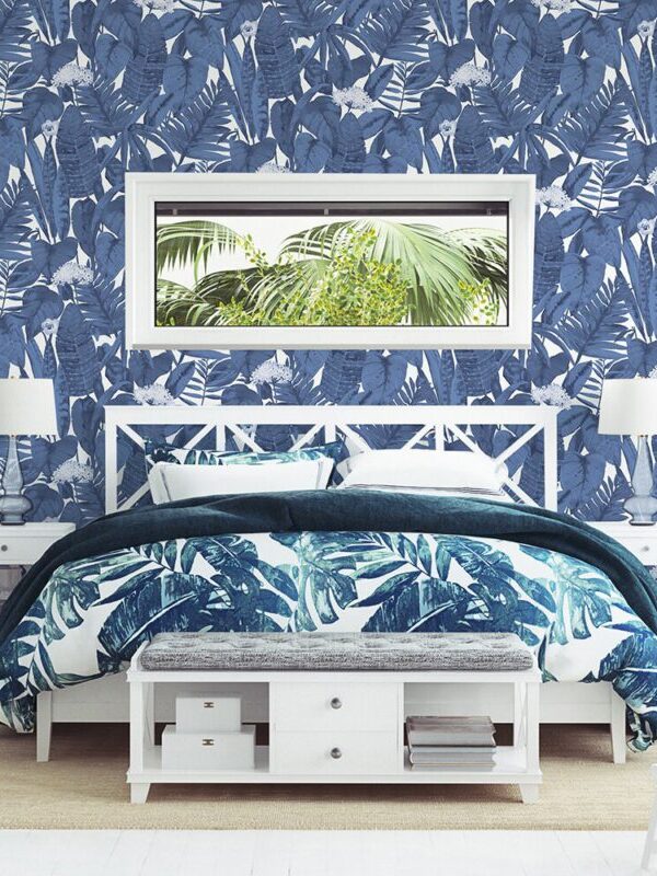 papel de parede folhagem azul
