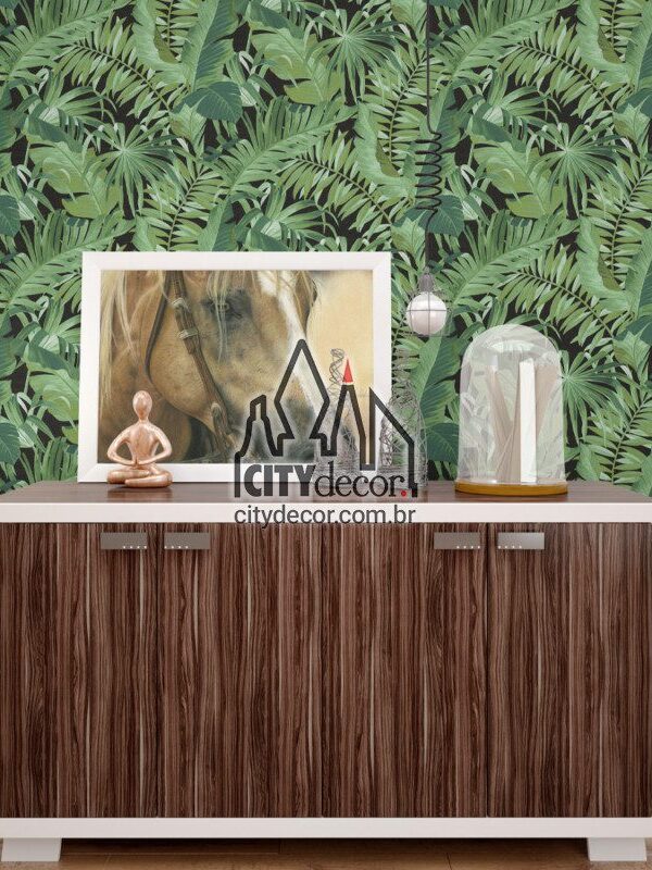 papel de parede folhagem tropical fundo preto