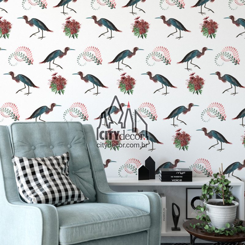 Adesivo papel de parede garça azul - Branco Papel de parede animais passarinhos garça azul para sala