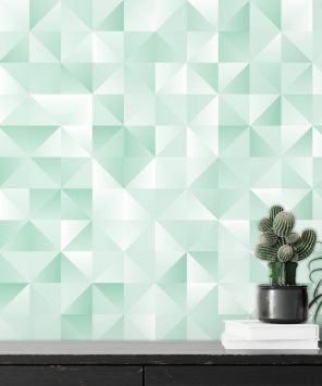Papel de parede geométrico triângulos e quadrados verde claro esmeralda