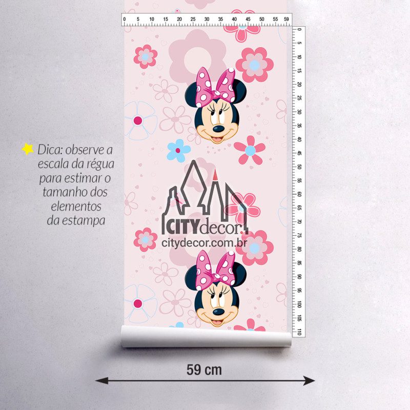 Papel de parede infantil Minnie rosa com flores Papel de parede infantil Minnie rosa com flores