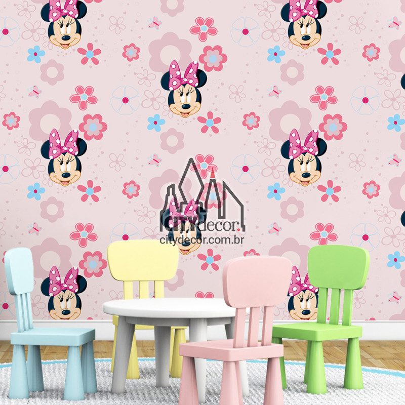 Papel de parede Minnie rosa com flores Papel de parede Minnie rosa com flores