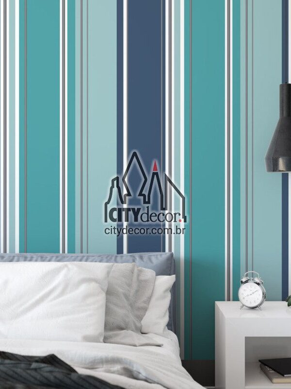 Papel de parede listrado azul e cinza