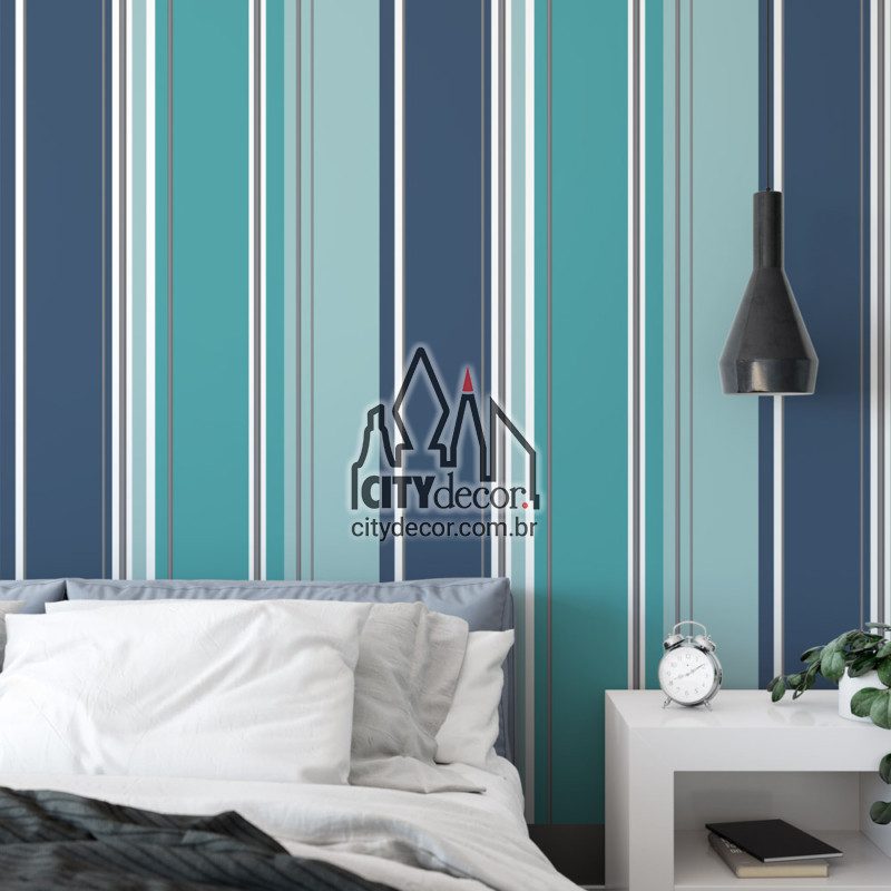 Papel de parede listrado caribe Papel de parede listrado azul e cinza