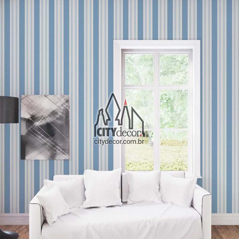 Papel de parede listrado azul dos sonhos Papel de parede listrado azul e bege para sala