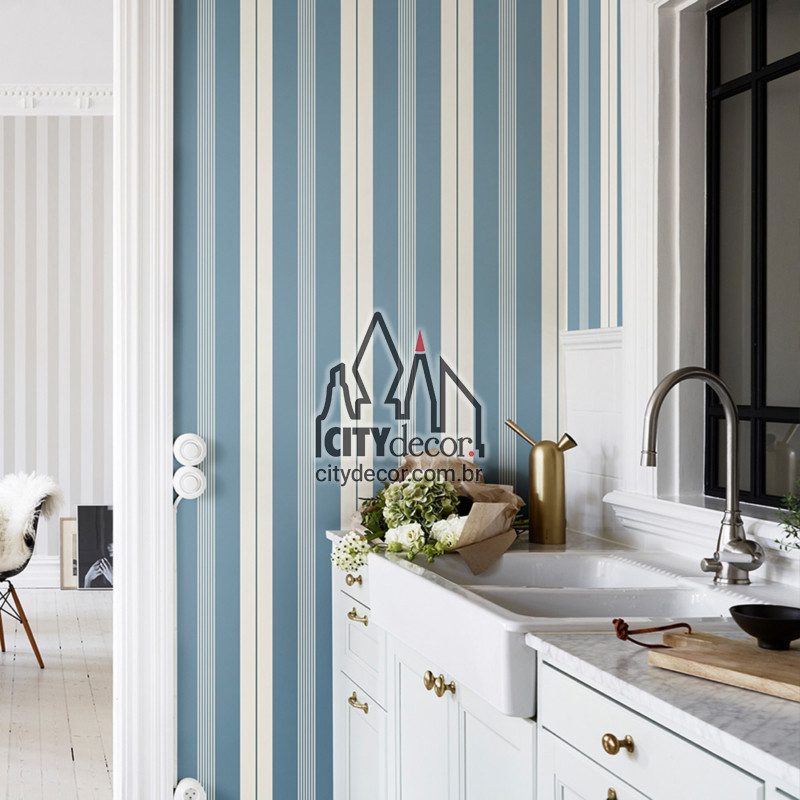 Papel de parede listrado porcelana Papel de parede listrado azul e bege