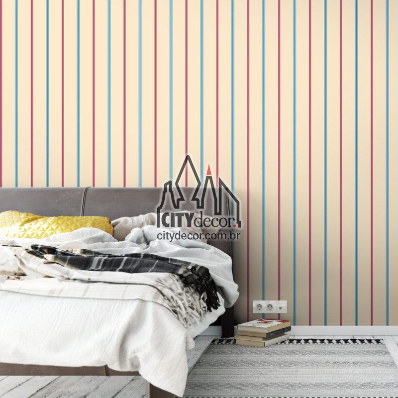 Papel de parede listrado maravilha Papel de parede listrado bege azul e rosa
