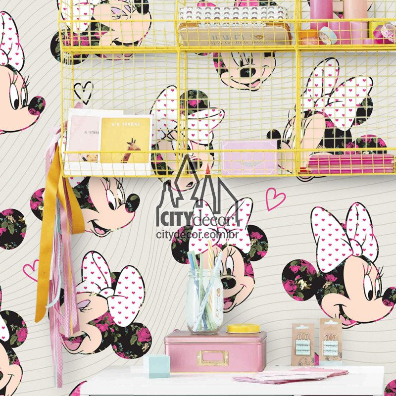 Papel de parede Minnie floral rosa Papel de parede Minnie floral rosa
