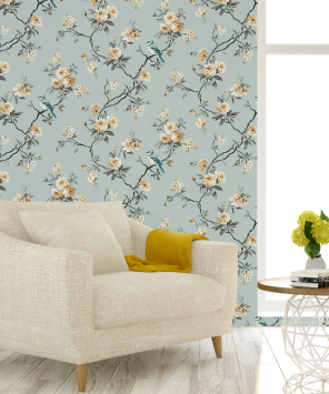 papel de parede galhos com flores - azul