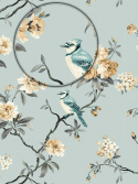 papel de parede floral com passarinhos - azul