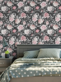 papel de parede floral cinza rosas e peônias