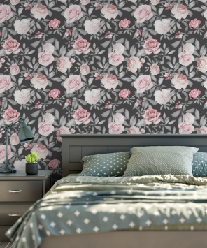 papel de parede floral cinza rosas e peônias