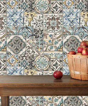 Papel de parede azulejo mosaico - azul e amarelo