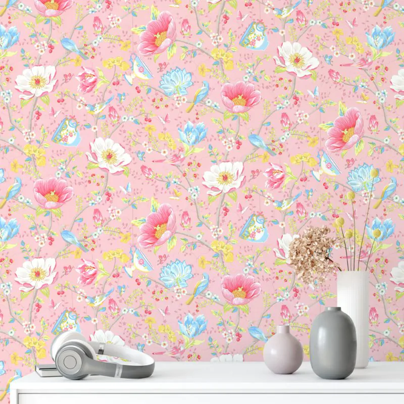 papel de parede floral alegre fundo rosa papel de parede floral alegre fundo rosa